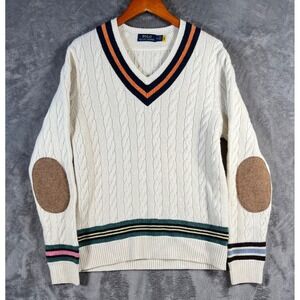 Polo Ralph Lauren Cricket Sweater Mens Medium Elbow Patch Cable Knit Alpaca Blnd